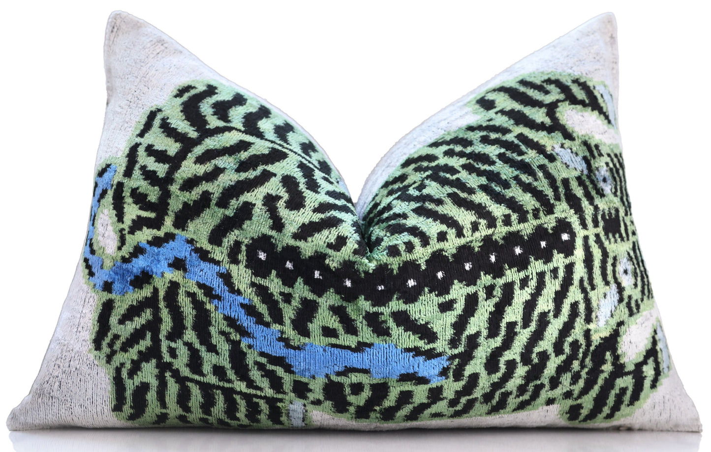 Handmade Green Tiger Velvet Lumbar Pillow 16x24 – Artisan Silk Cushion with Blue Accents-4