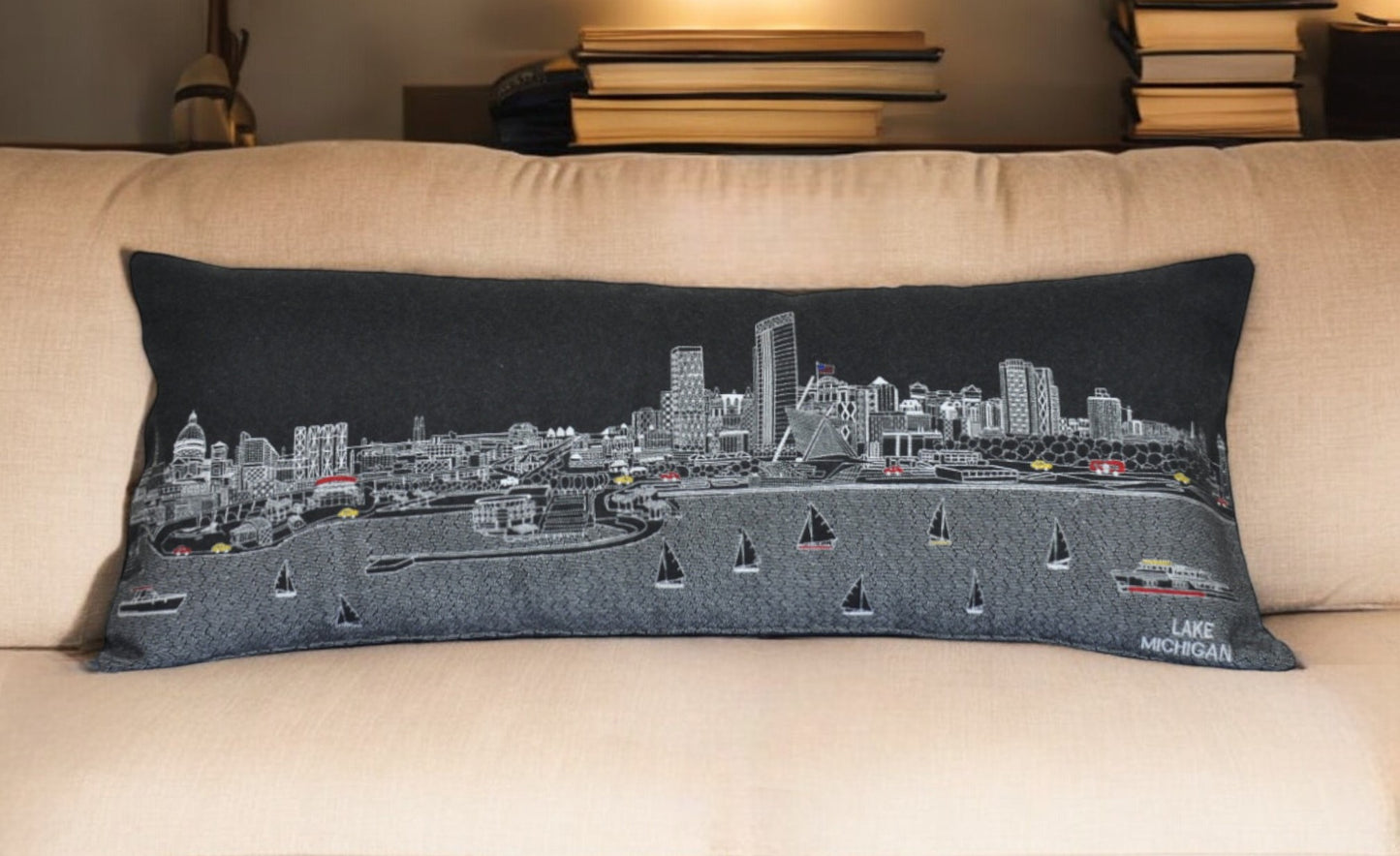 14" X 35" Black Gray and White Hometown Pride Wool Lumbar Throw Pillow-0