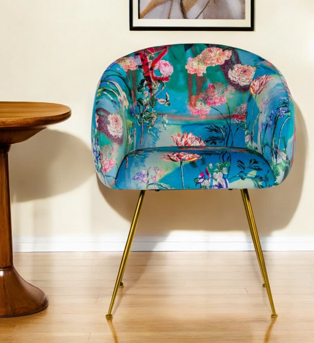 Blue Green And Gold Floral Velvet Dining Arm Chair-0