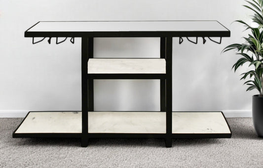 58" White and Black Genuine Marble Floor Shelf Console Table Two Shelves-0