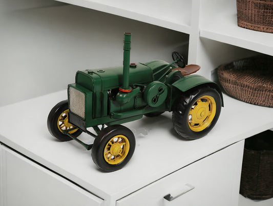 8" Green and Black Metal Hand Painted Model Tractor Tabletop Sculpture-0