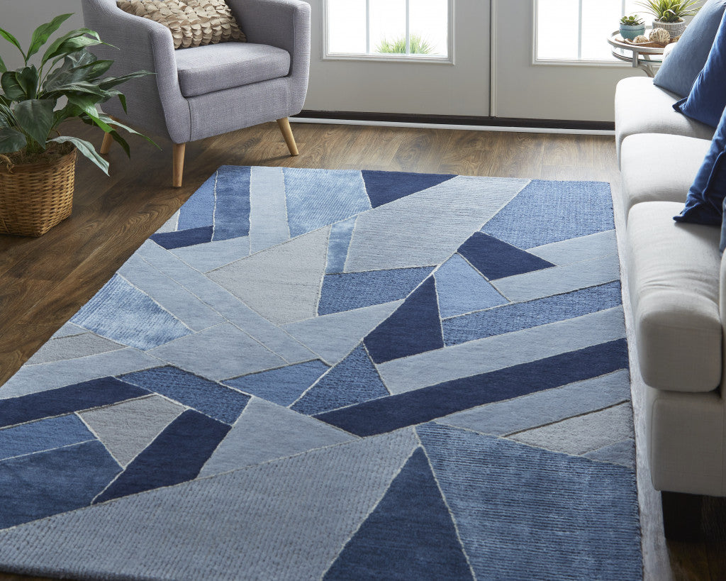 8' X 10' Blue And Silver Wool Geometric Tufted Handmade Area Rug-5