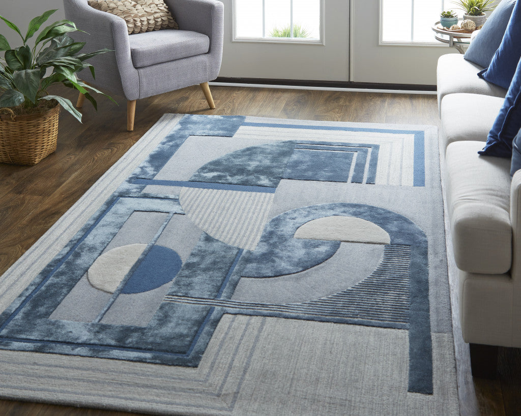 5' X 8' Blue Ivory And Gray Wool Striped Tufted Handmade Area Rug-8