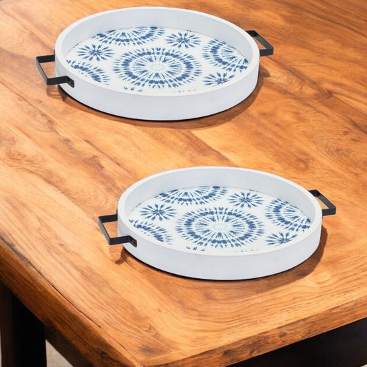 Set of Two Blue Round Solid Wood Vanity Tray With Handles-0