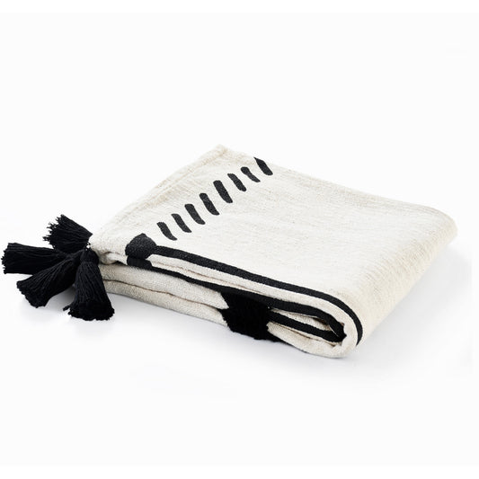 50" X 60" Black and White Woven Cotton Geometric Throw Blanket with Tassels-0