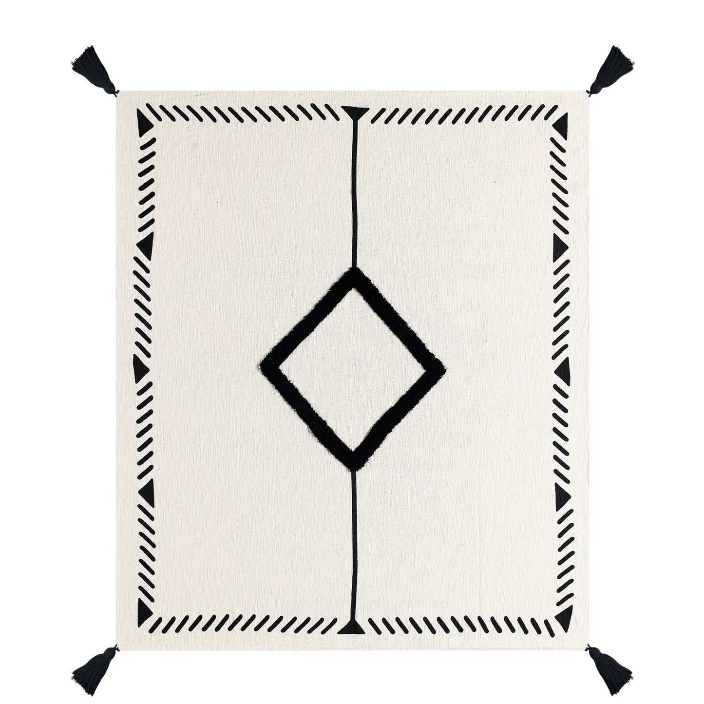 50" X 60" Black and White Woven Cotton Geometric Throw Blanket with Tassels-2