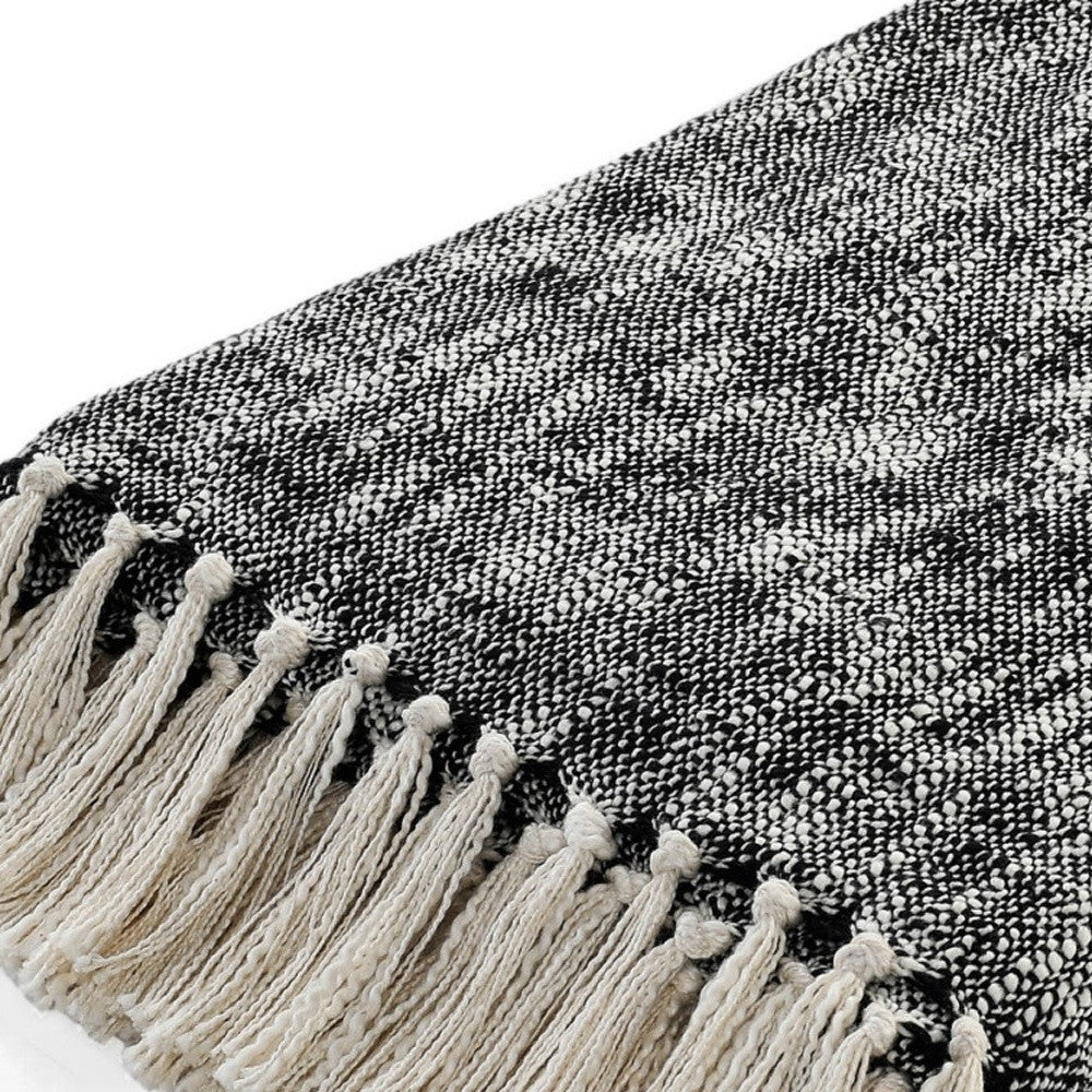 50" X 60" Black and White Woven Cotton Throw Blanket with Fringe-7
