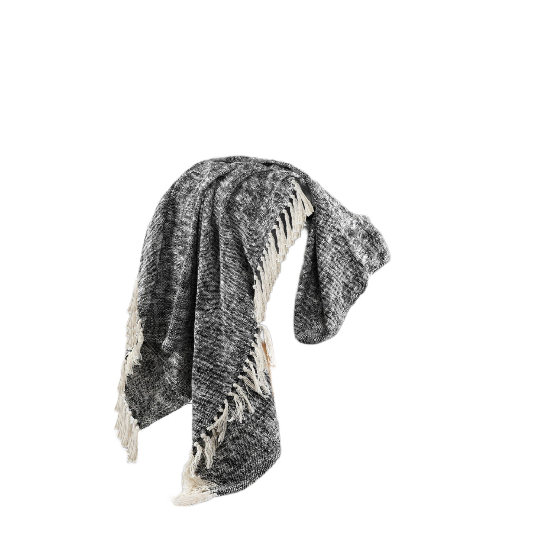 50" X 60" Black and White Woven Cotton Throw Blanket with Fringe-5