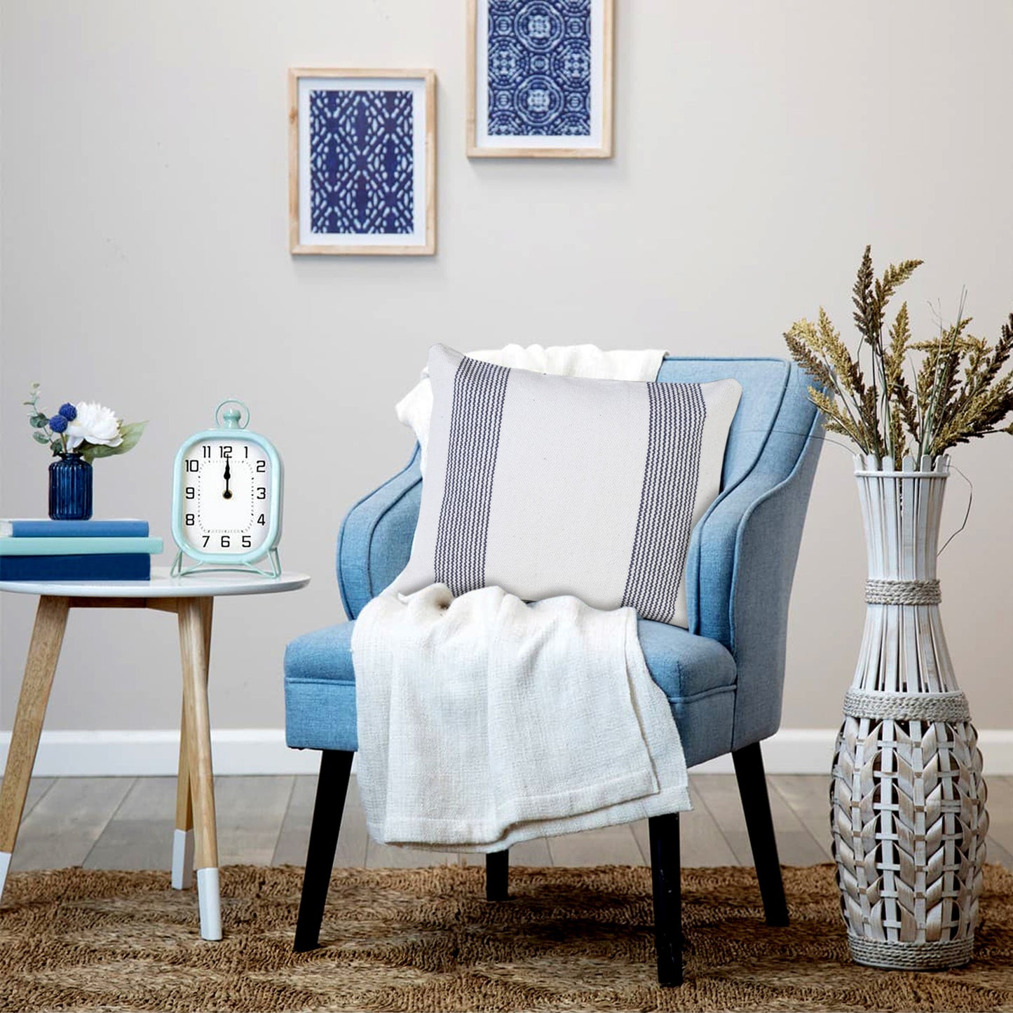 20" X 20" Pale Blue And White 100% Cotton Geometric Zippered Pillow-8