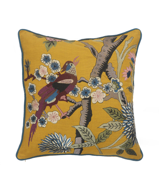 20" Blue and Yellow Bird Floral Throw Pillow with Embroidery-0