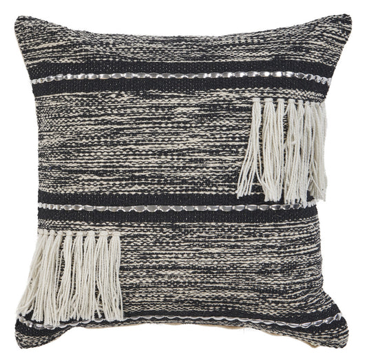 18" Black and Off White Throw Pillow with Fringe-0