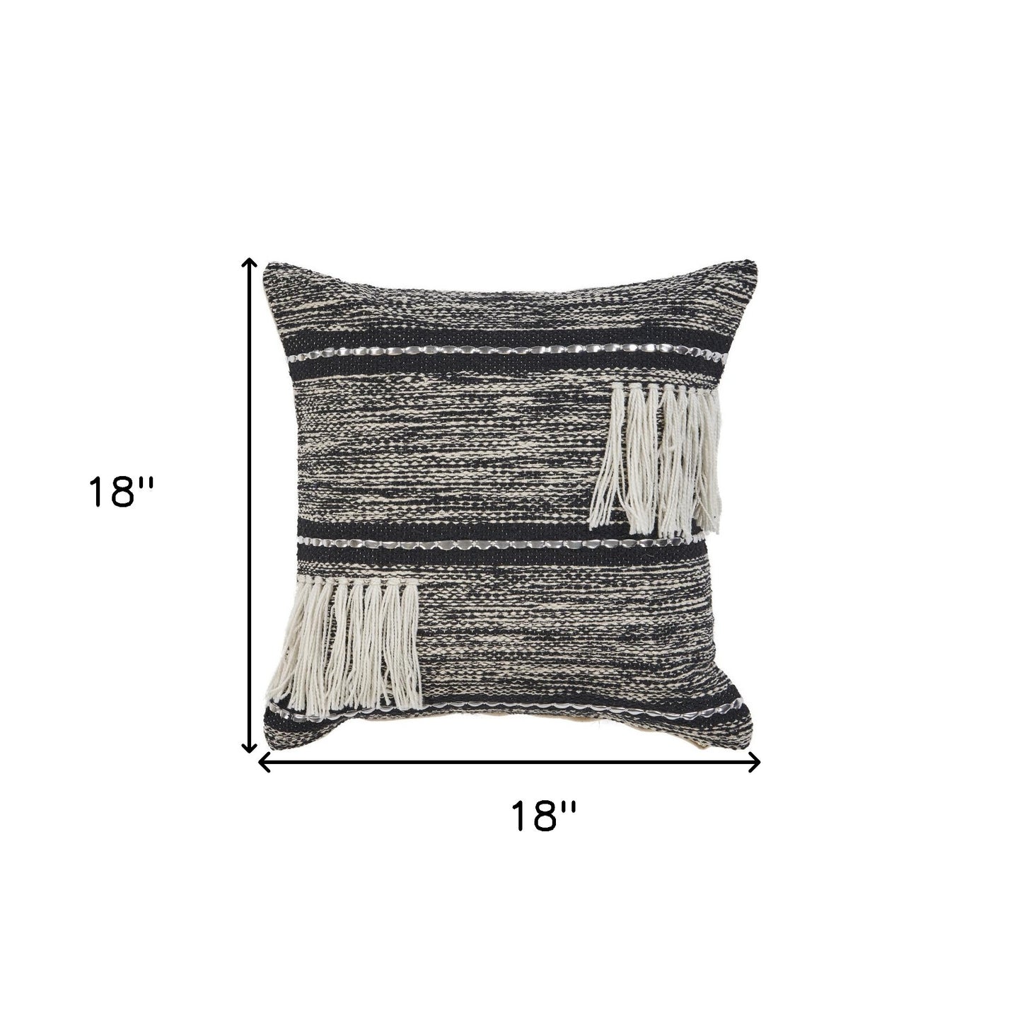 18" Black and Off White Throw Pillow with Fringe-5