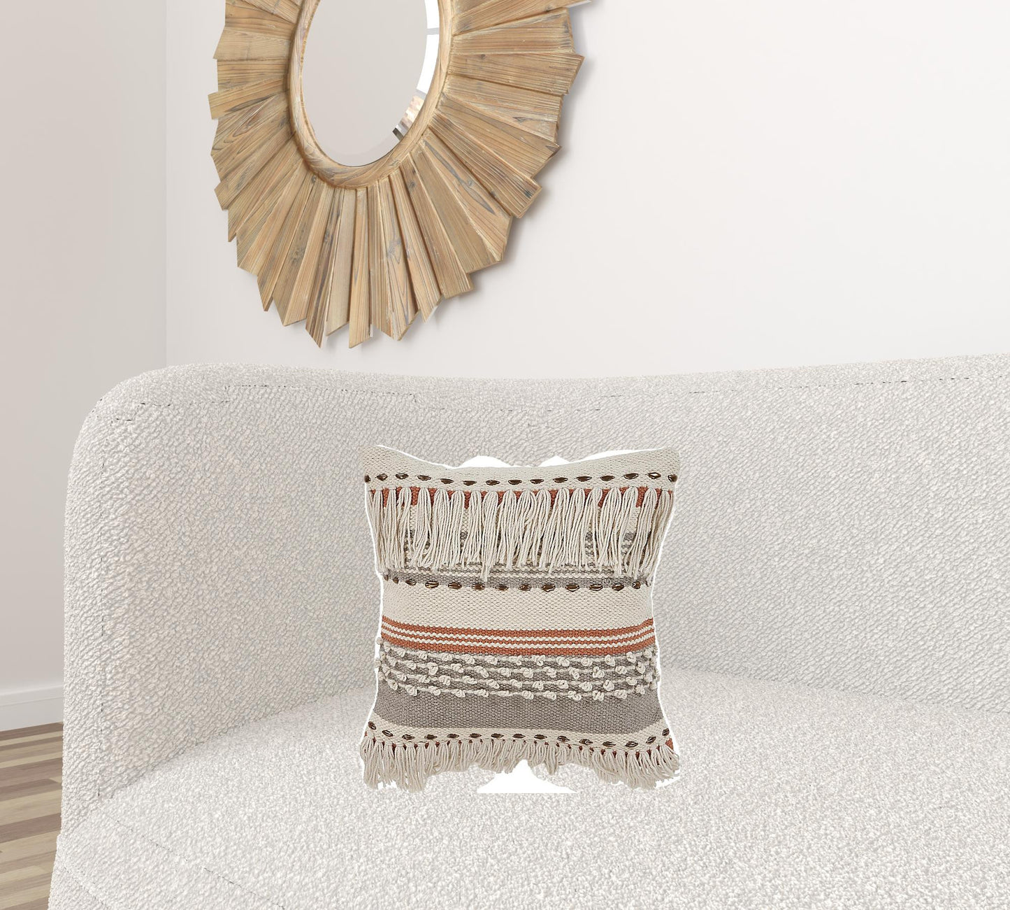 18" Beige and Red Throw Pillow with Fringe-3