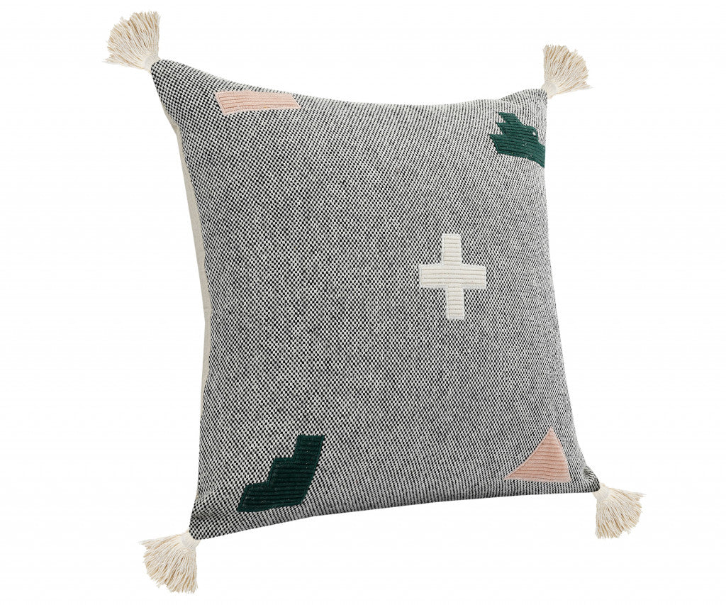 20" X 20" Black Off-White Pink And Green 100% Cotton Geometric Zippered Pillow-1