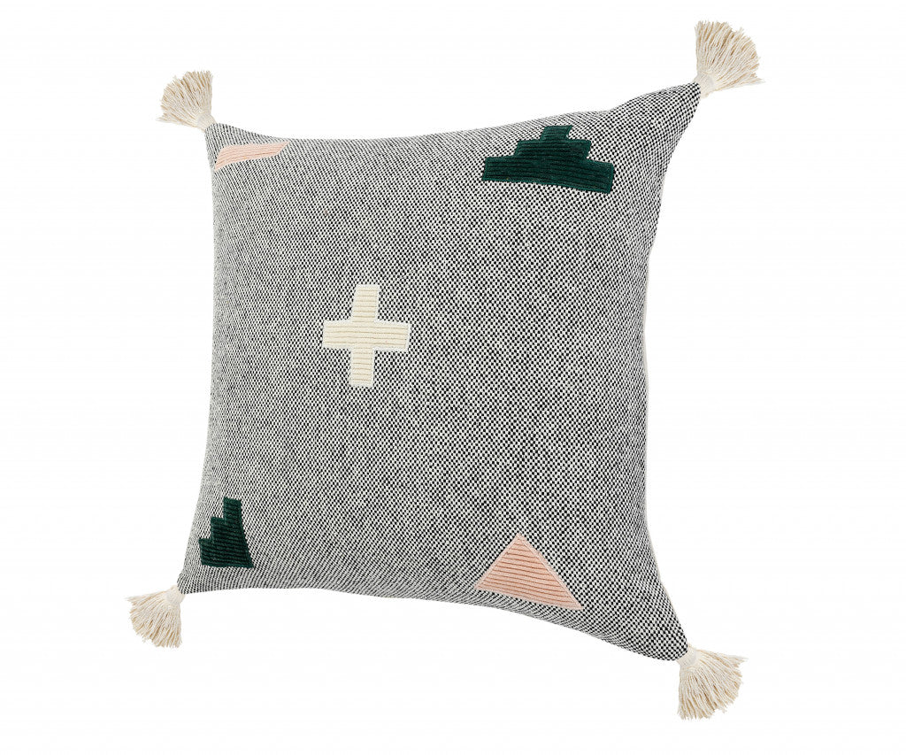 20" X 20" Black Off-White Pink And Green 100% Cotton Geometric Zippered Pillow-2