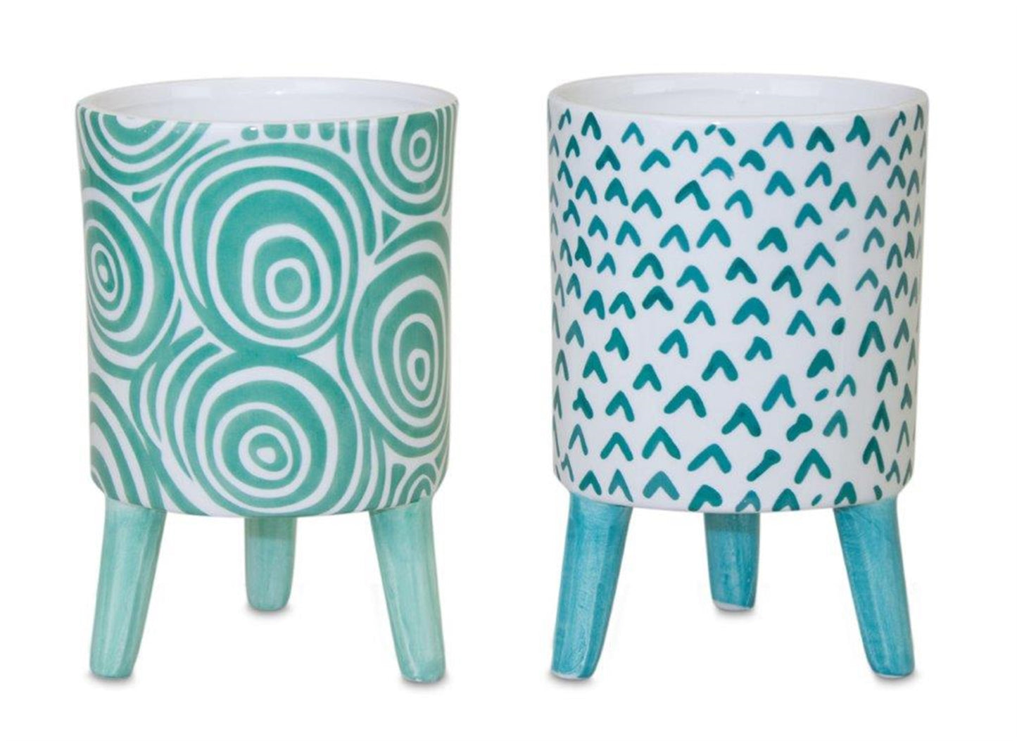 Set of Two Aqua Teal And White Ceramic 2 Ounce Round Raised Pot Planters-1