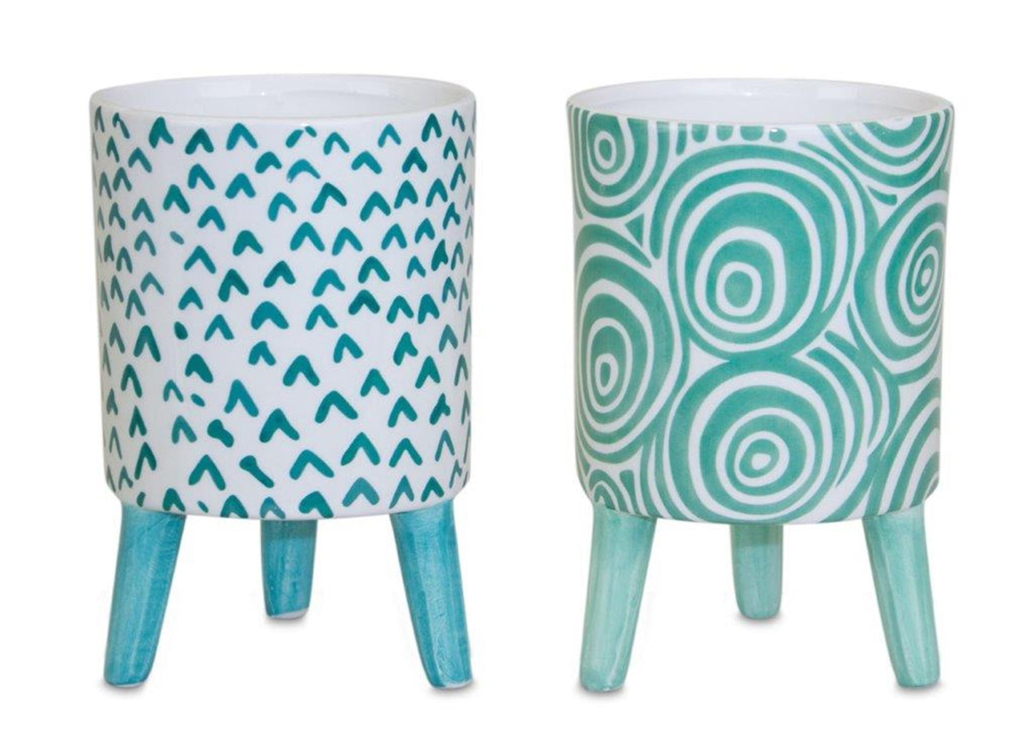 Set of Two Aqua Teal And White Ceramic 2 Ounce Round Raised Pot Planters-4