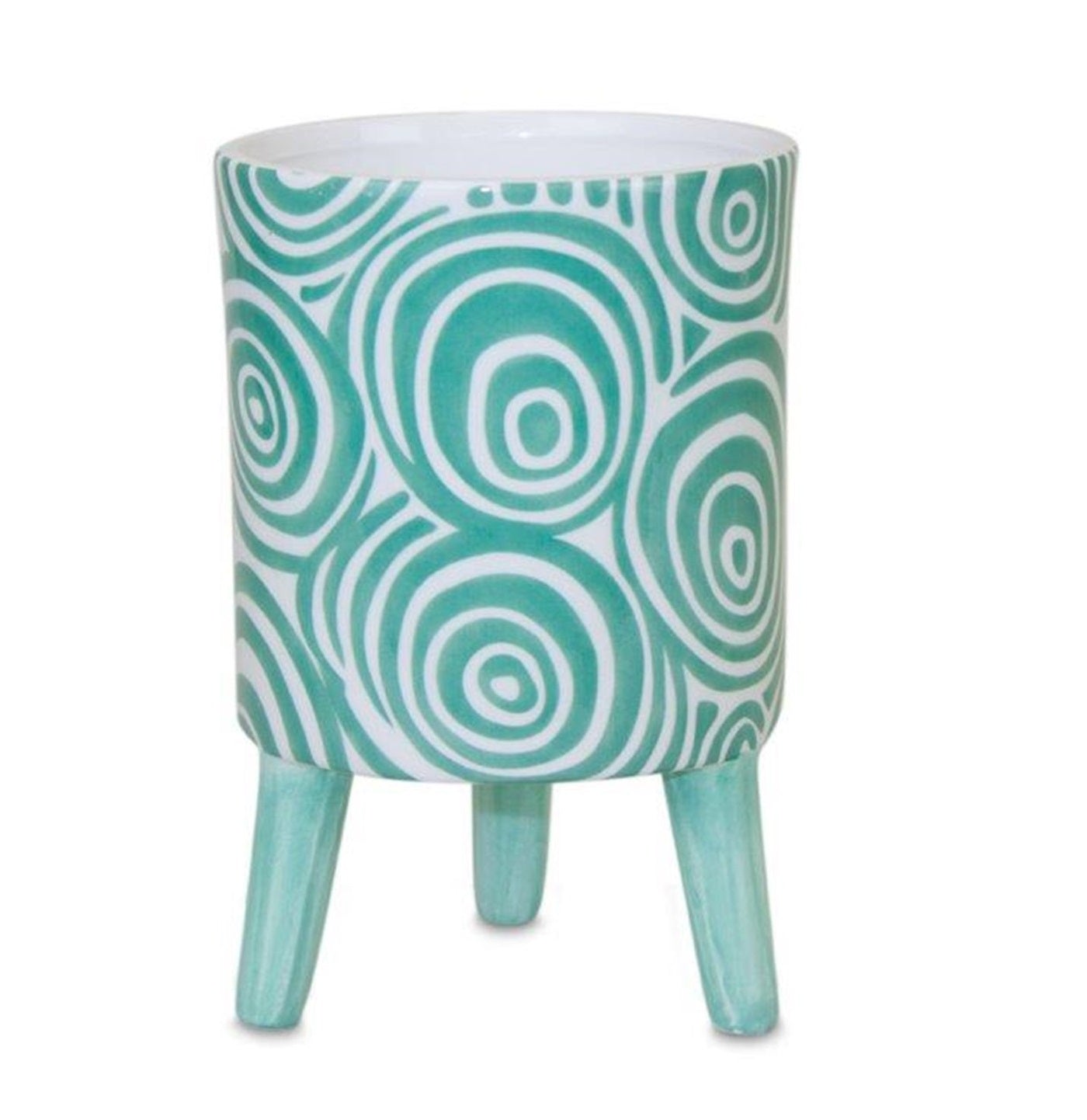 Set of Two Aqua Teal And White Ceramic 2 Ounce Round Raised Pot Planters-2