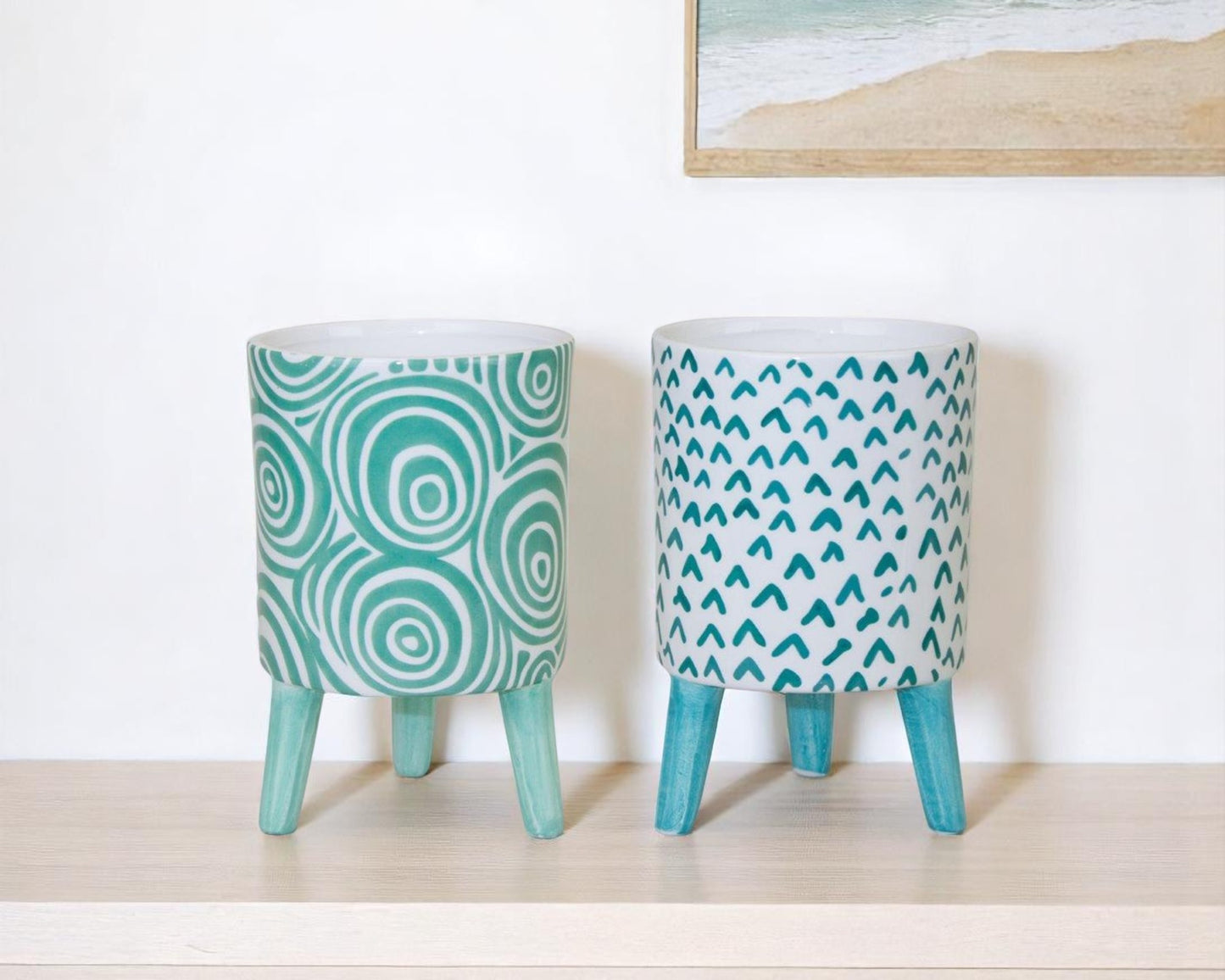 Set of Two Aqua Teal And White Ceramic 2 Ounce Round Raised Pot Planters-0