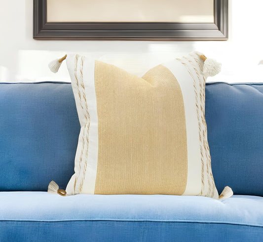 20" Yellow and White Color Block Cotton Throw Pillow With Tassels-0