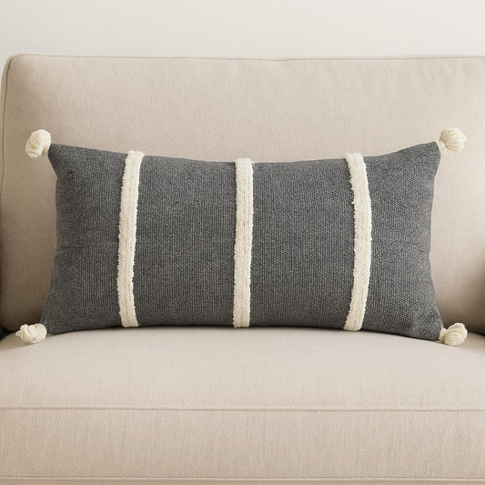 14" X 14" Black and White Cotton Pillow With Tassels Edges-0