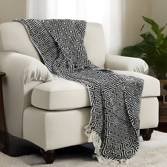 50" X 60" Black And White Cotton Chevron Throw Blanket with Tassels-0