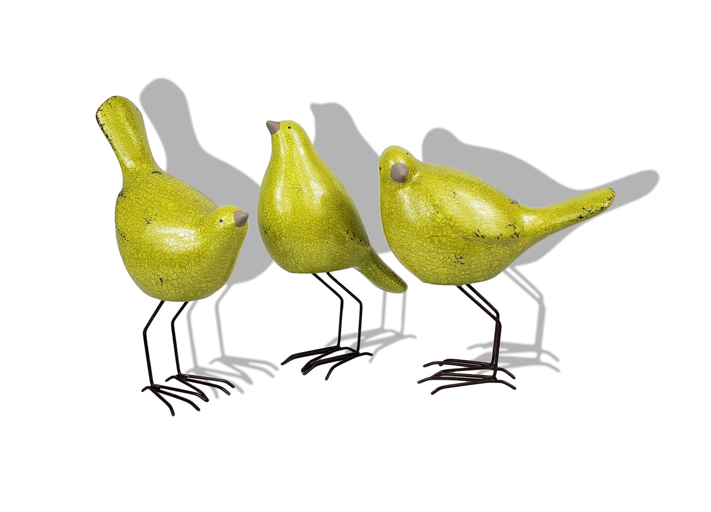 Set of Three Lemongrass Green Polyresin and Metal Bird Sculptures-2