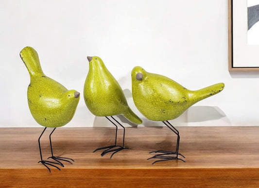 Set of Three Lemongrass Green Polyresin and Metal Bird Sculptures-0