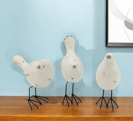 Set of Three Black and White Fabric Bird Statue Tabletop Sculpture-0