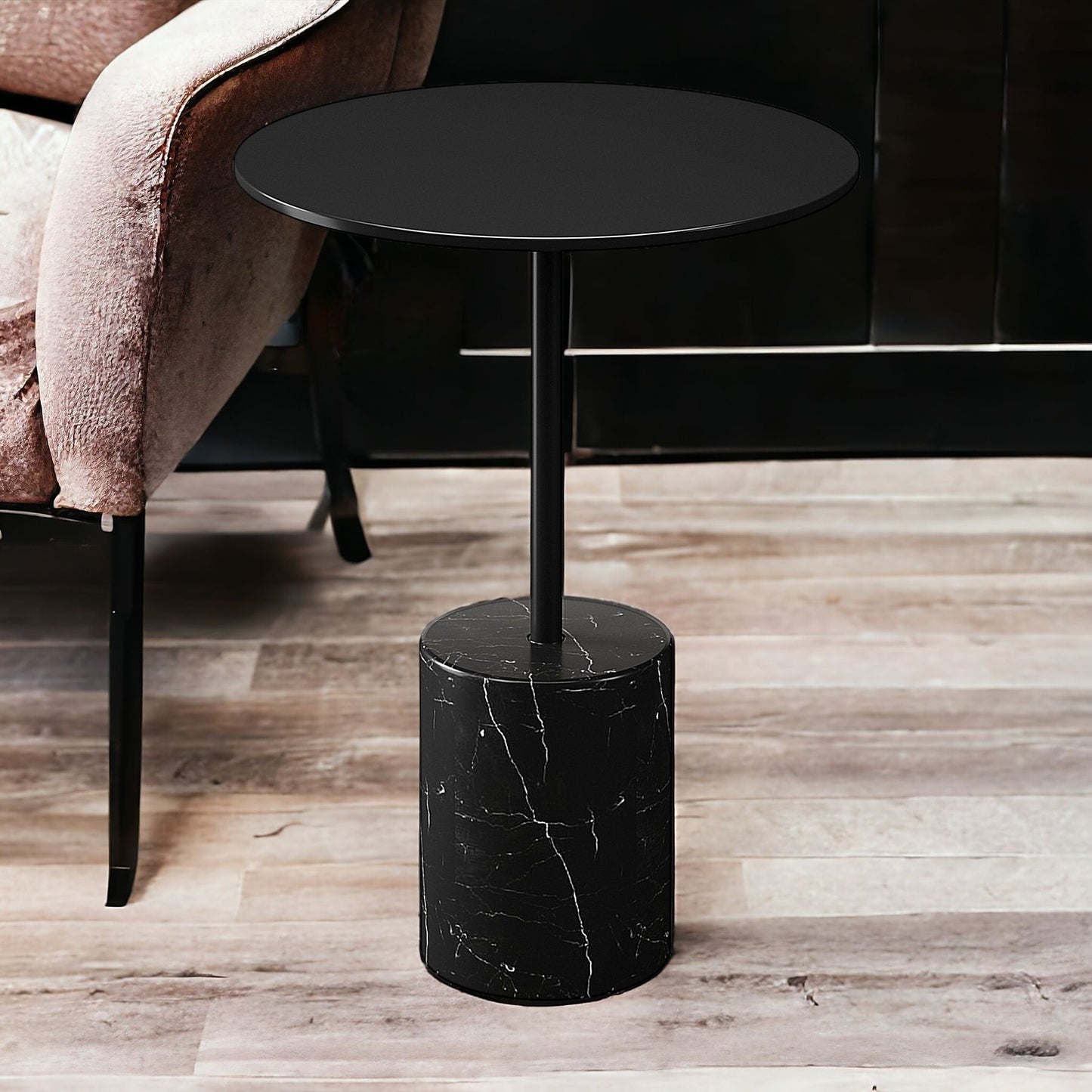 20" Black Steel And Marble Round End Table-1