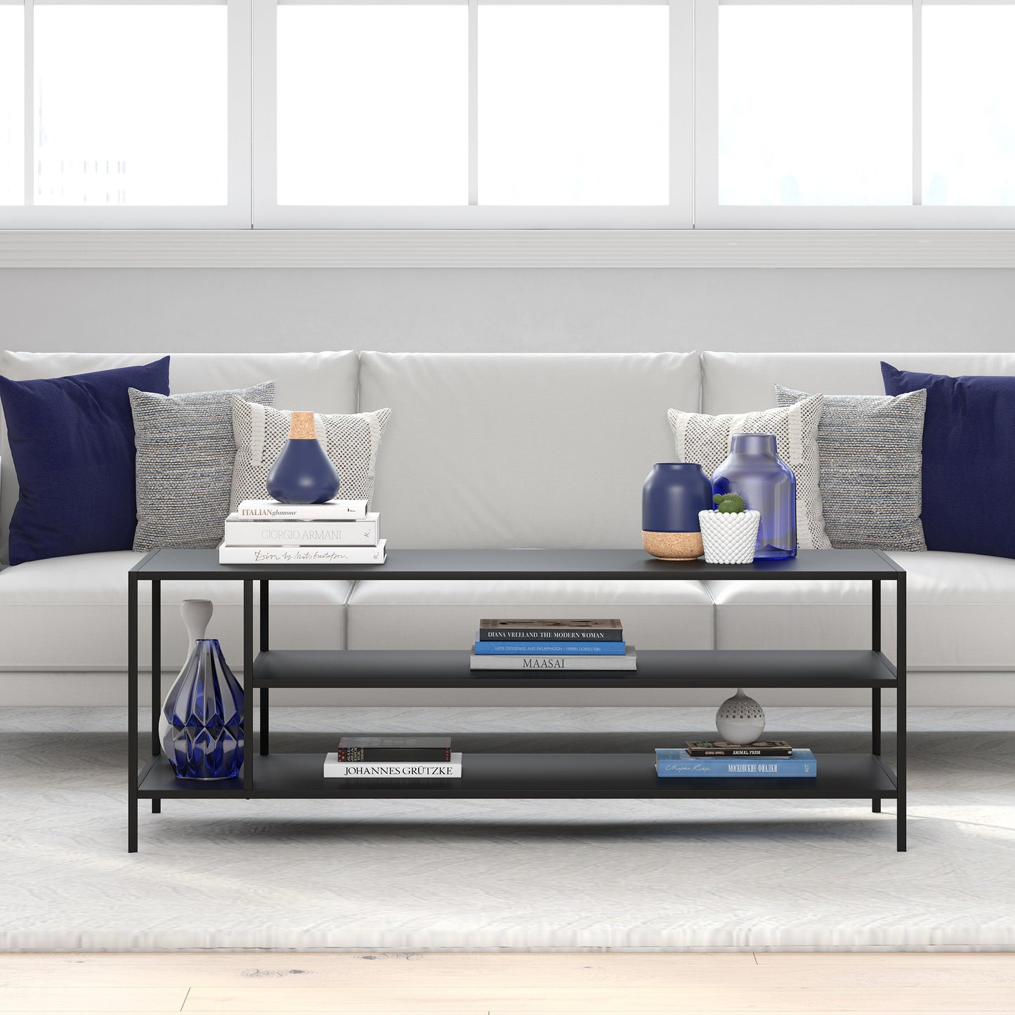 46" Black Steel Coffee Table With Two Shelves-6