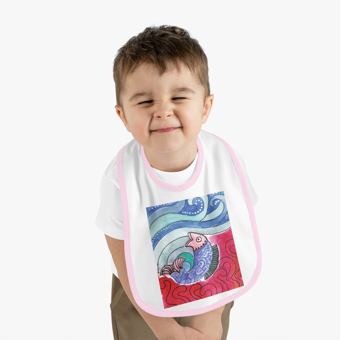 Whimsical Baby Bib with Contrast Trim, Colorful Fish Design, Ideal for Baby Showers, Toddler Mealtime, Cute Gift Idea by Japochine