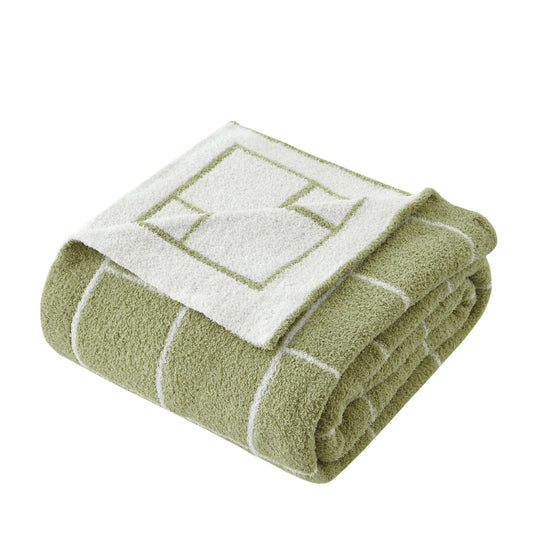 50" X 60" Green and White Fleece Knitted Geometric Plush Throw Blanket-0