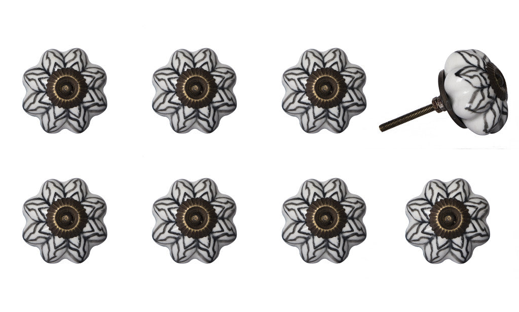 Set of Eight Black And White Ceramic And Metal Drawer Pull Knobs-1