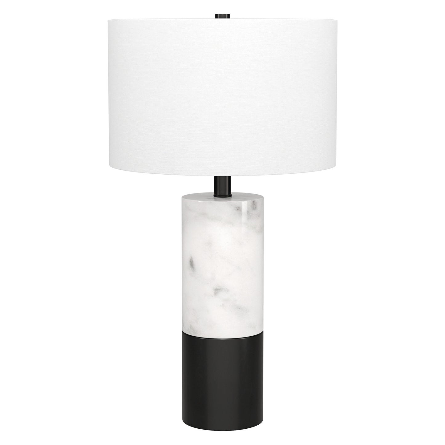 24" Black and White Marble and Metal Cylinder Table Lamp With White Drum Shade-0