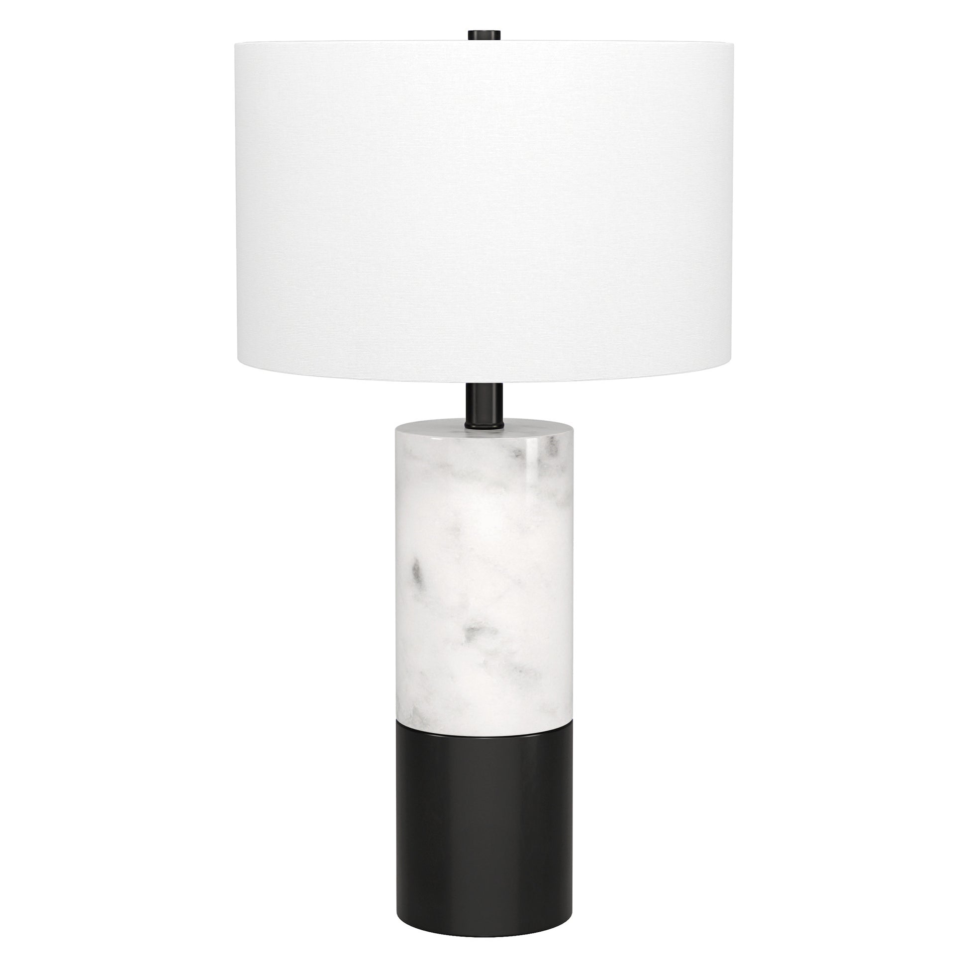 24" Black and White Marble and Metal Cylinder Table Lamp With White Drum Shade-0