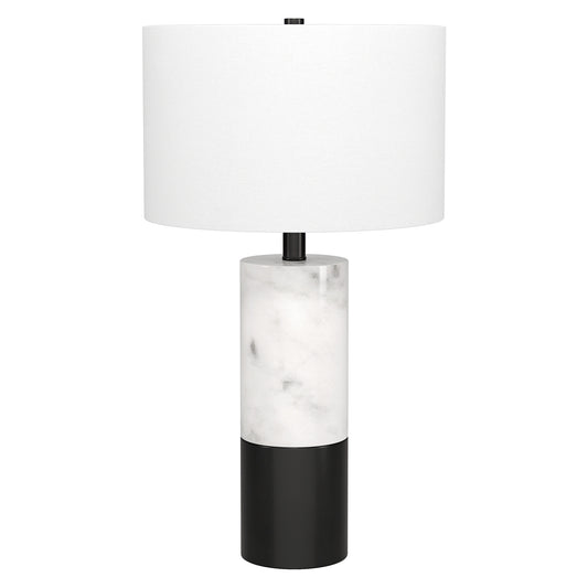 24" Black and White Marble and Metal Cylinder Table Lamp With White Drum Shade-0