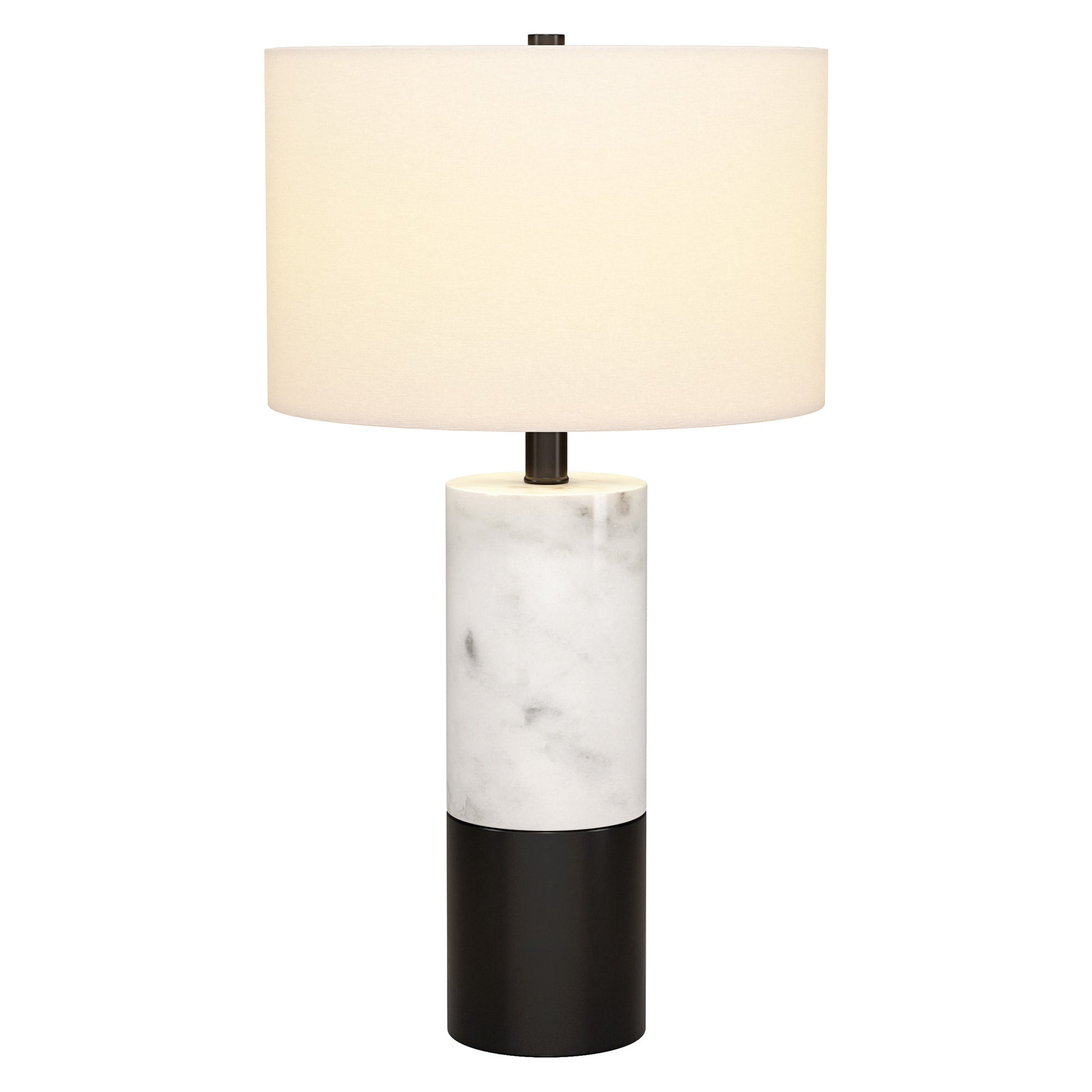 24" Black and White Marble and Metal Cylinder Table Lamp With White Drum Shade-2