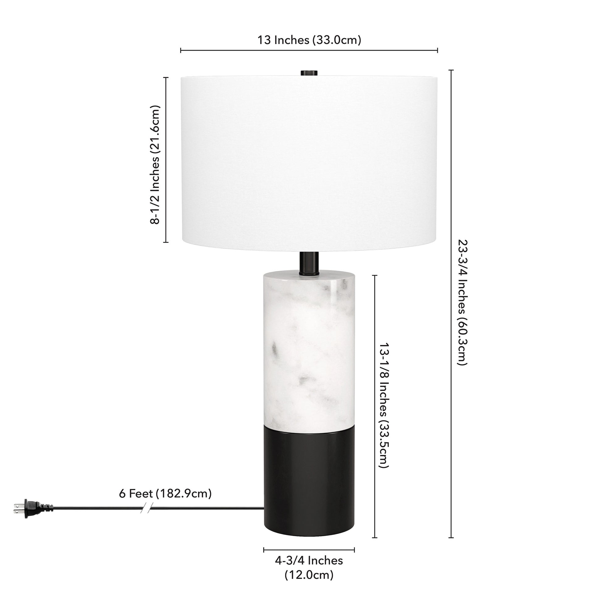 24" Black and White Marble and Metal Cylinder Table Lamp With White Drum Shade-7