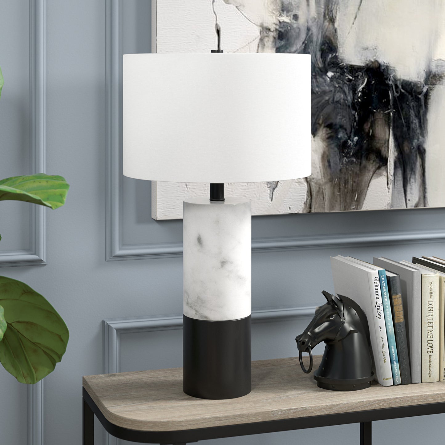 24" Black and White Marble and Metal Cylinder Table Lamp With White Drum Shade-5