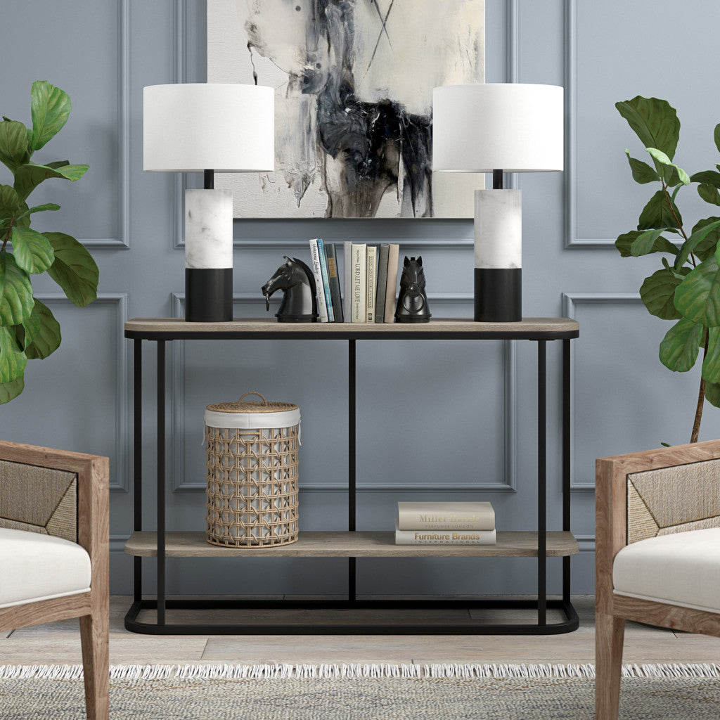 24" Black and White Marble and Metal Cylinder Table Lamp With White Drum Shade-6