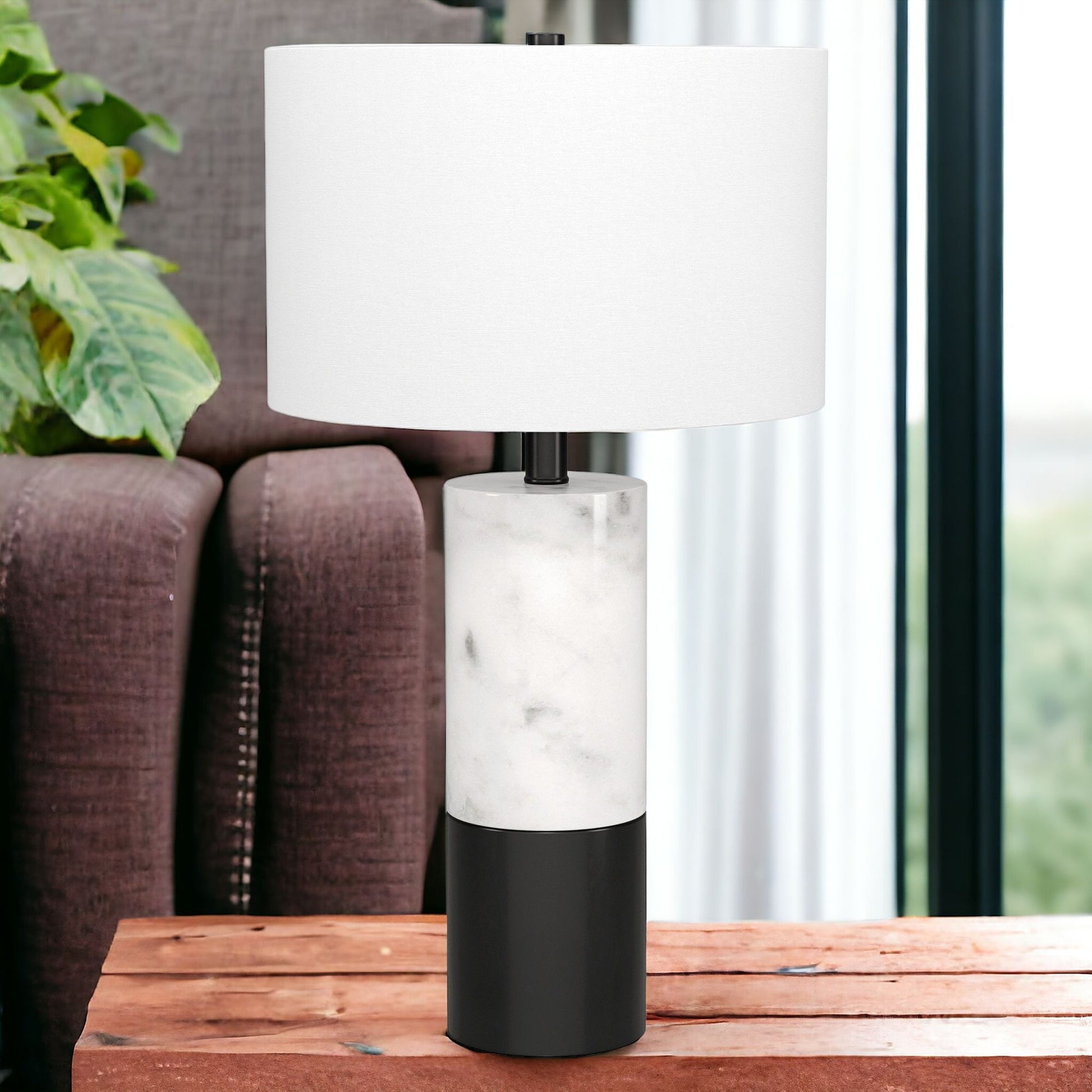 24" Black and White Marble and Metal Cylinder Table Lamp With White Drum Shade-1
