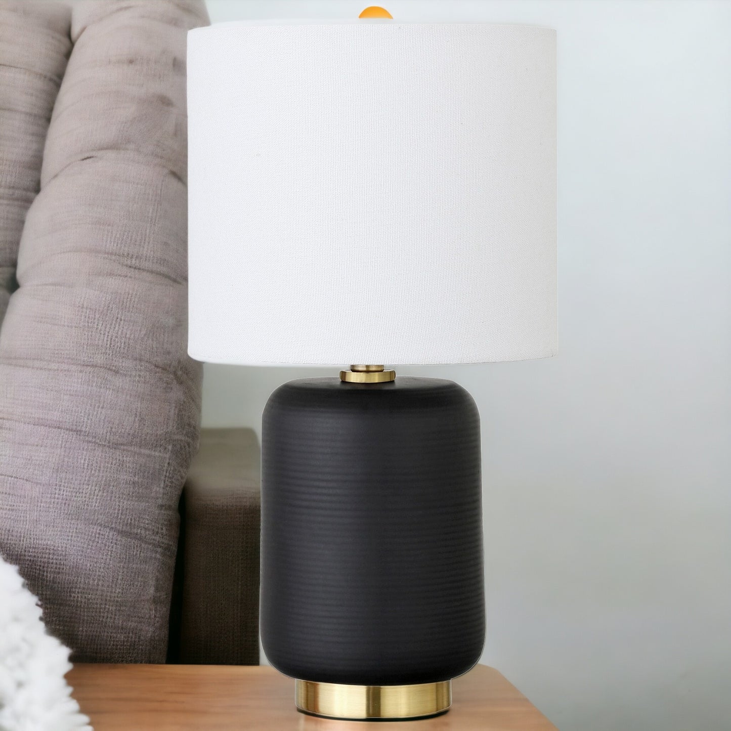 15" Black and Gold Ceramic Cylinder Table Lamp With White Drum Shade-1