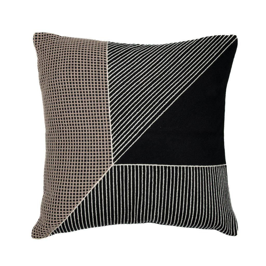 24" Black and White Geometric Cotton Throw Pillow With Embroidery-1