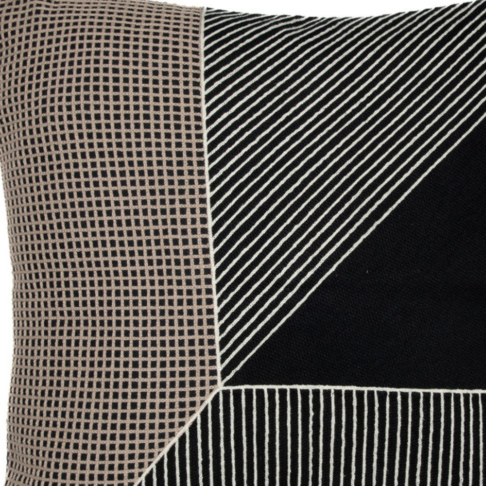24" Black and White Geometric Cotton Throw Pillow With Embroidery-7