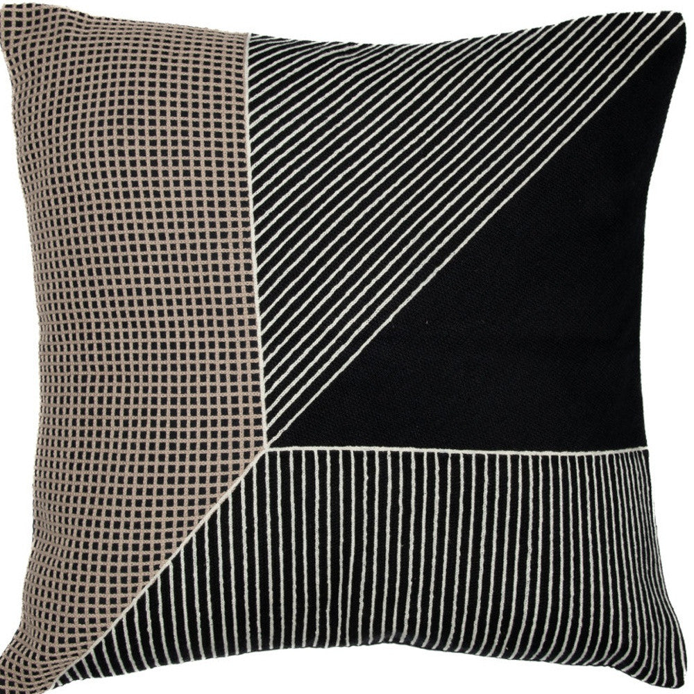 24" Black and White Geometric Cotton Throw Pillow With Embroidery-8
