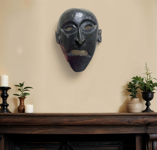 11" Black Solid Wood Decorative Mask Tabletop Sculpture-0