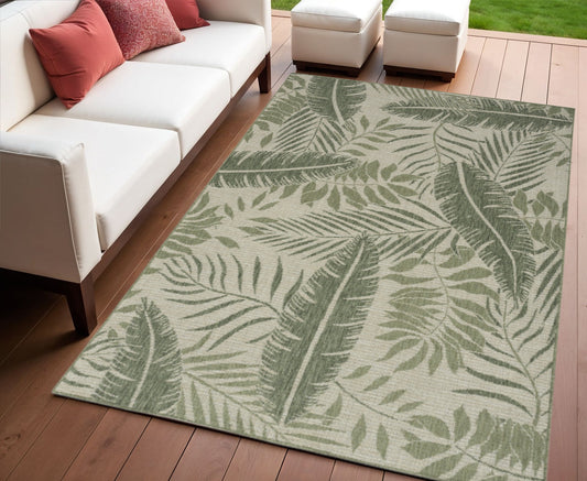 3' X 5' Green And Ivory Palm Leaf Indoor Outdoor Area Rug-0