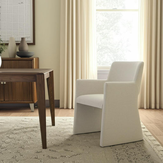 White Upholstered Faux Linen Dining Arm Chair-0