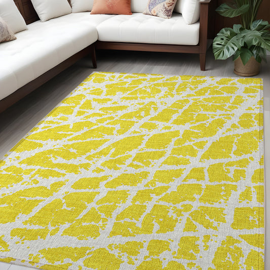 5' X 8' Yellow and White Abstract Washable Non Skid Indoor Outdoor Area Rug-0